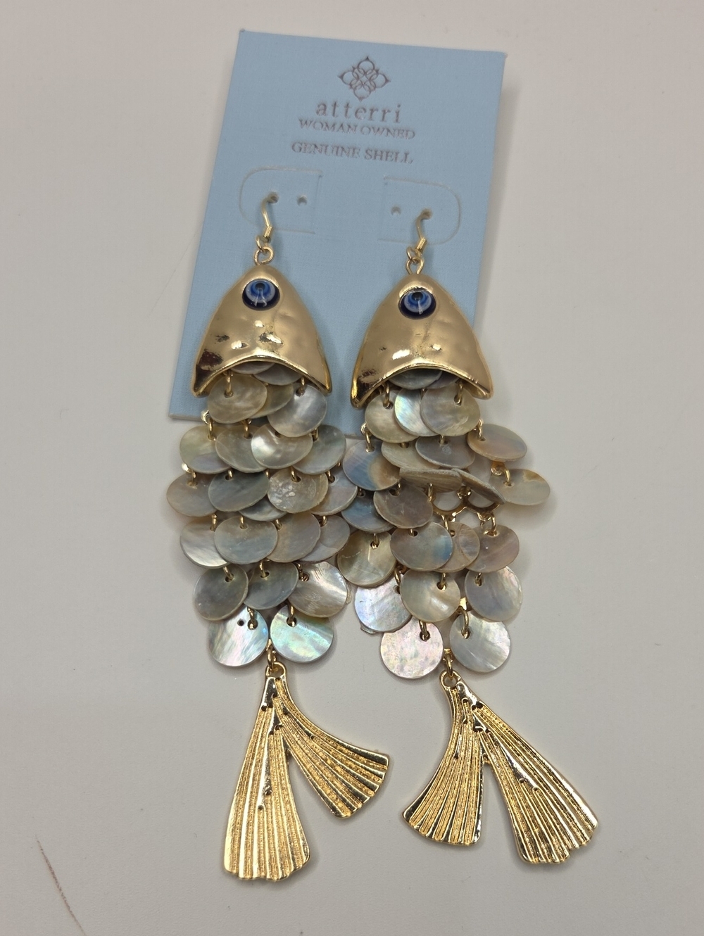 💙▪️Atterri▪️ Gold & Mother-of-Pearl Fish Drop Earrings - Picture 7 of 9